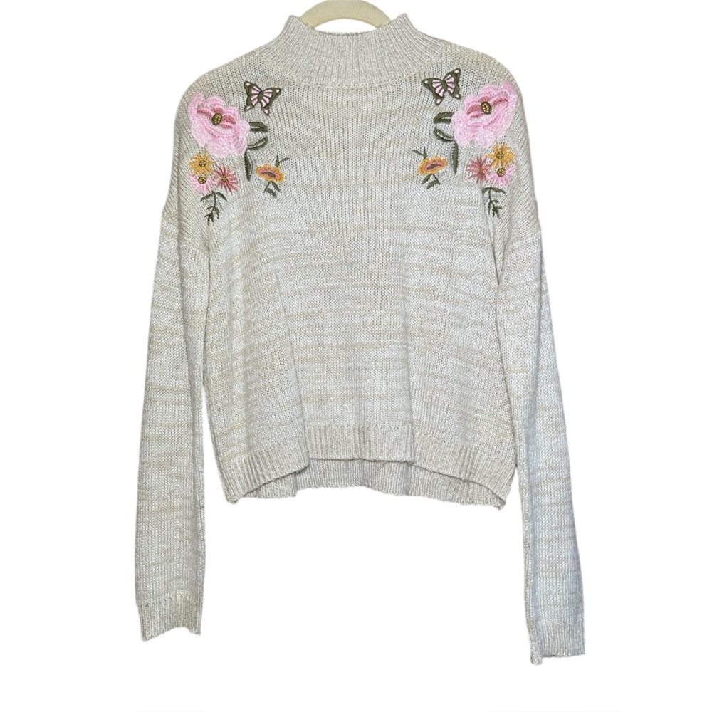 Cloud Chaser Embroidered Flower Butterfly Mock Neck Cropped Sweater Size Small